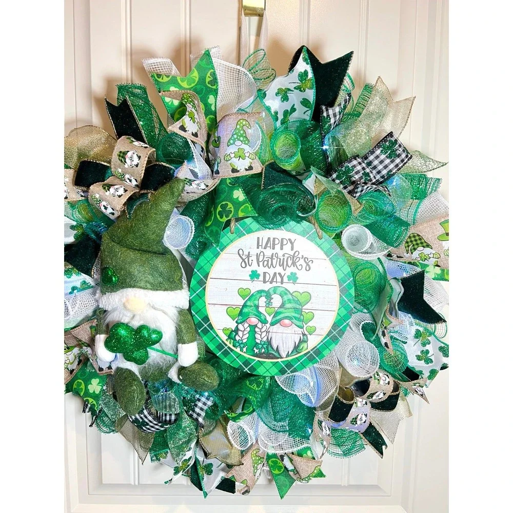 Handmade Happy St. Patrick’s Day Gnome Ribbon Prelit Wreath 22 ins LED W13